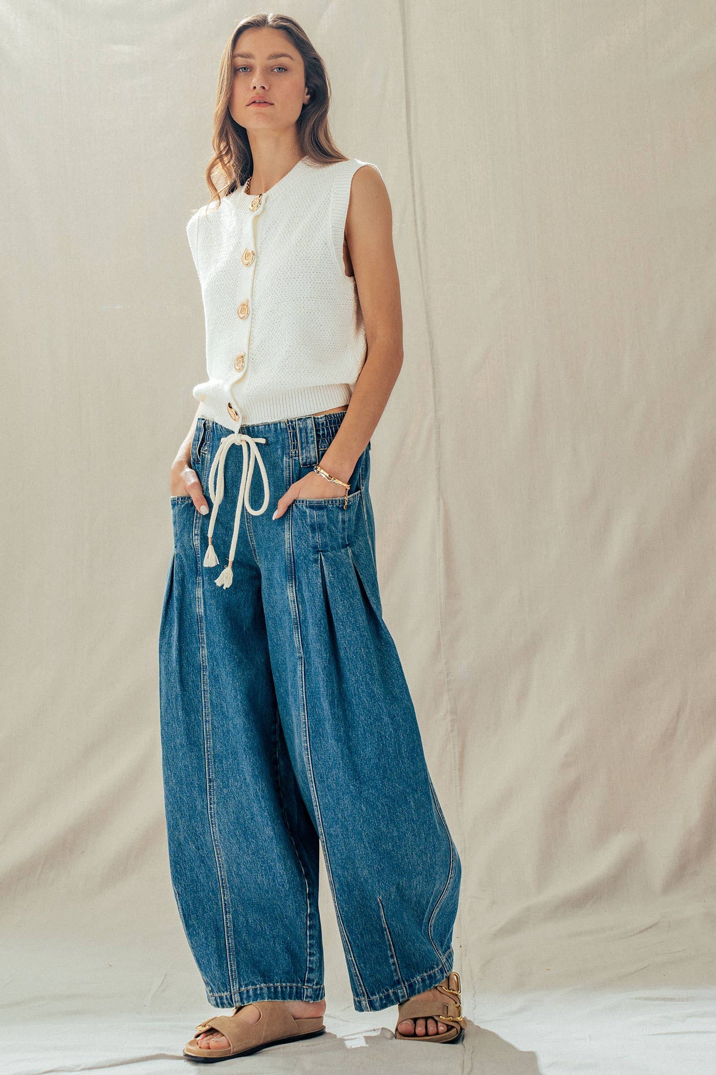 Rope Drawstring Balloon Pants Pleated Front