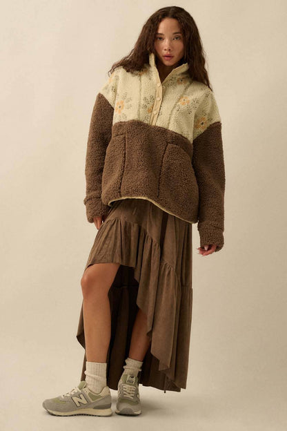 Colorblock Sherpa Fleece Half-Snap Pullover Jacket