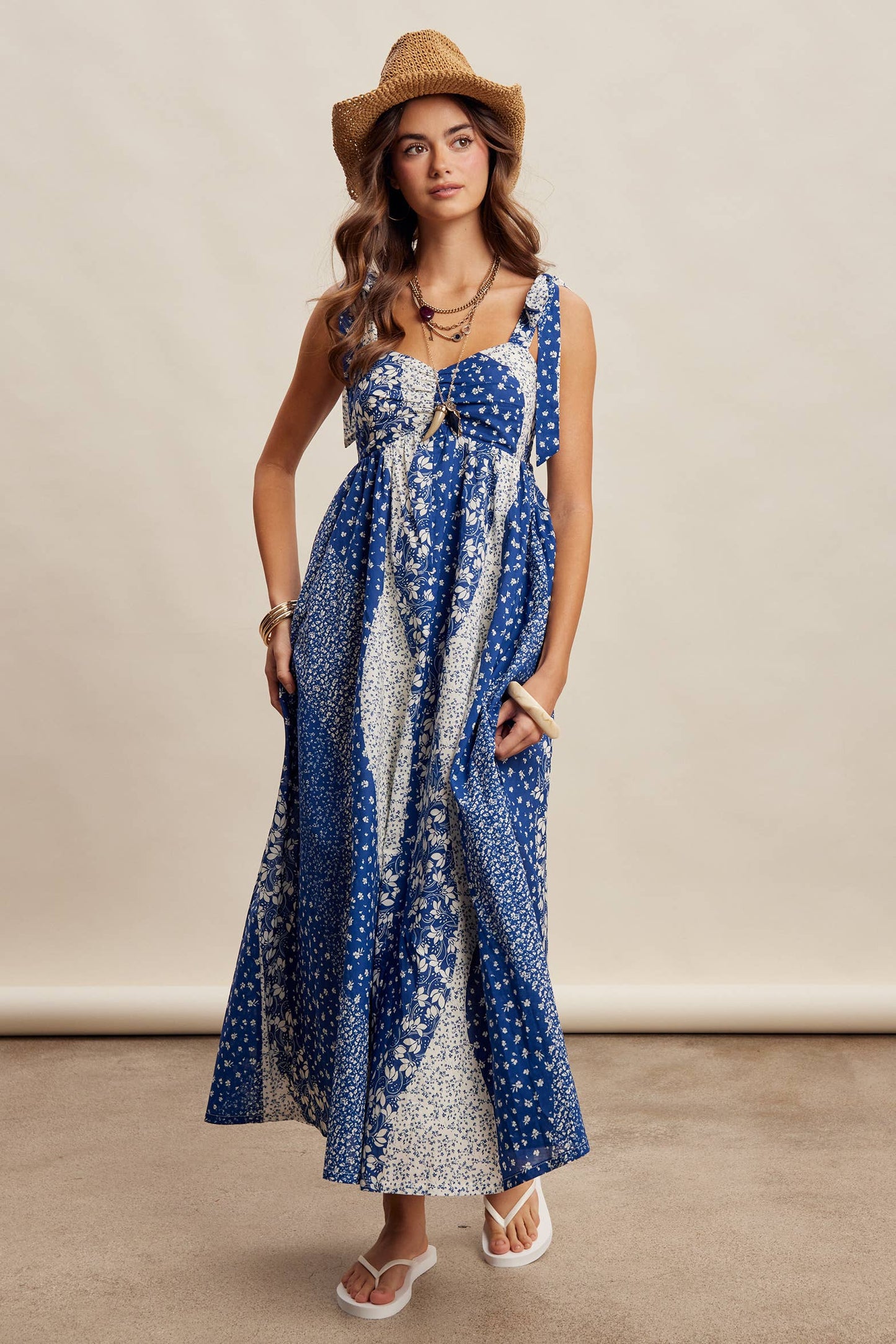 Patchwork Tie Strap Cotton Maxi Dress LD1625