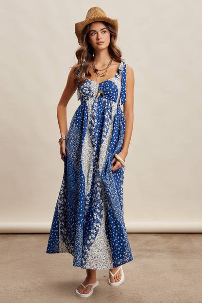 Patchwork Tie Strap Cotton Maxi Dress LD1625