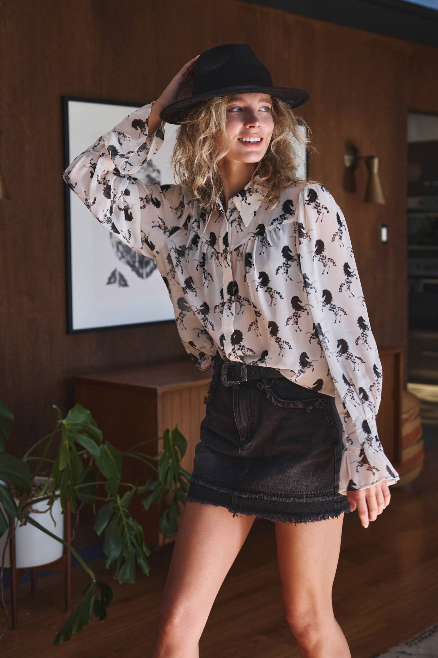 Western Horse Print Button Down Blouse Flared Cuff