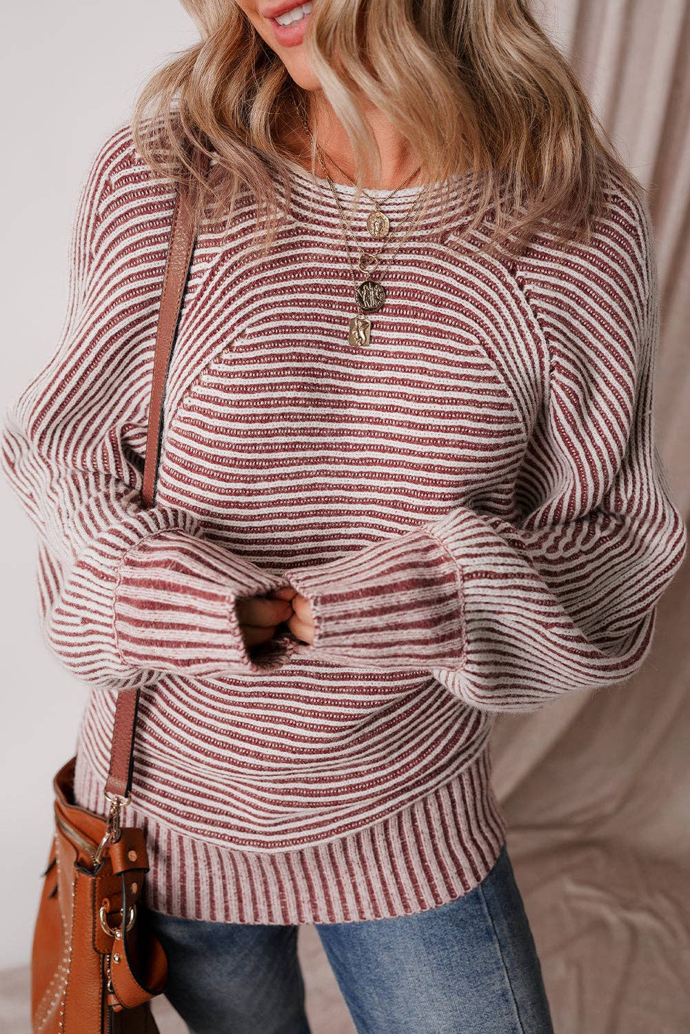 Dahlia Striped Print Ribbed Knit Boat Neck Baggy Sweater