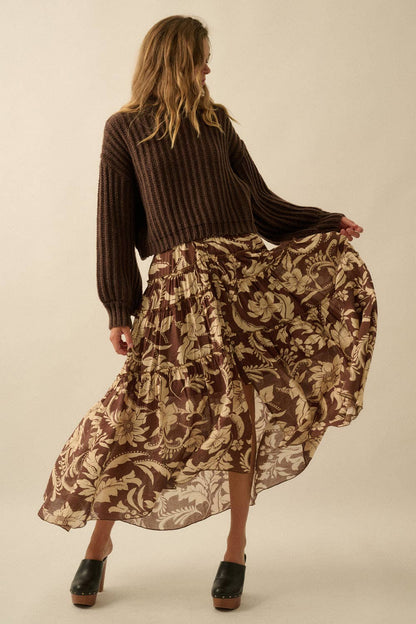 Floral-Print Buttoned Tiered Ruffle Maxi Skirt