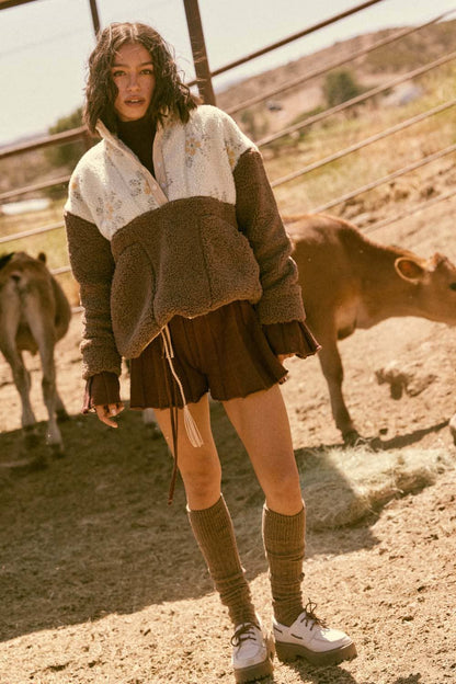 Colorblock Sherpa Fleece Half-Snap Pullover Jacket