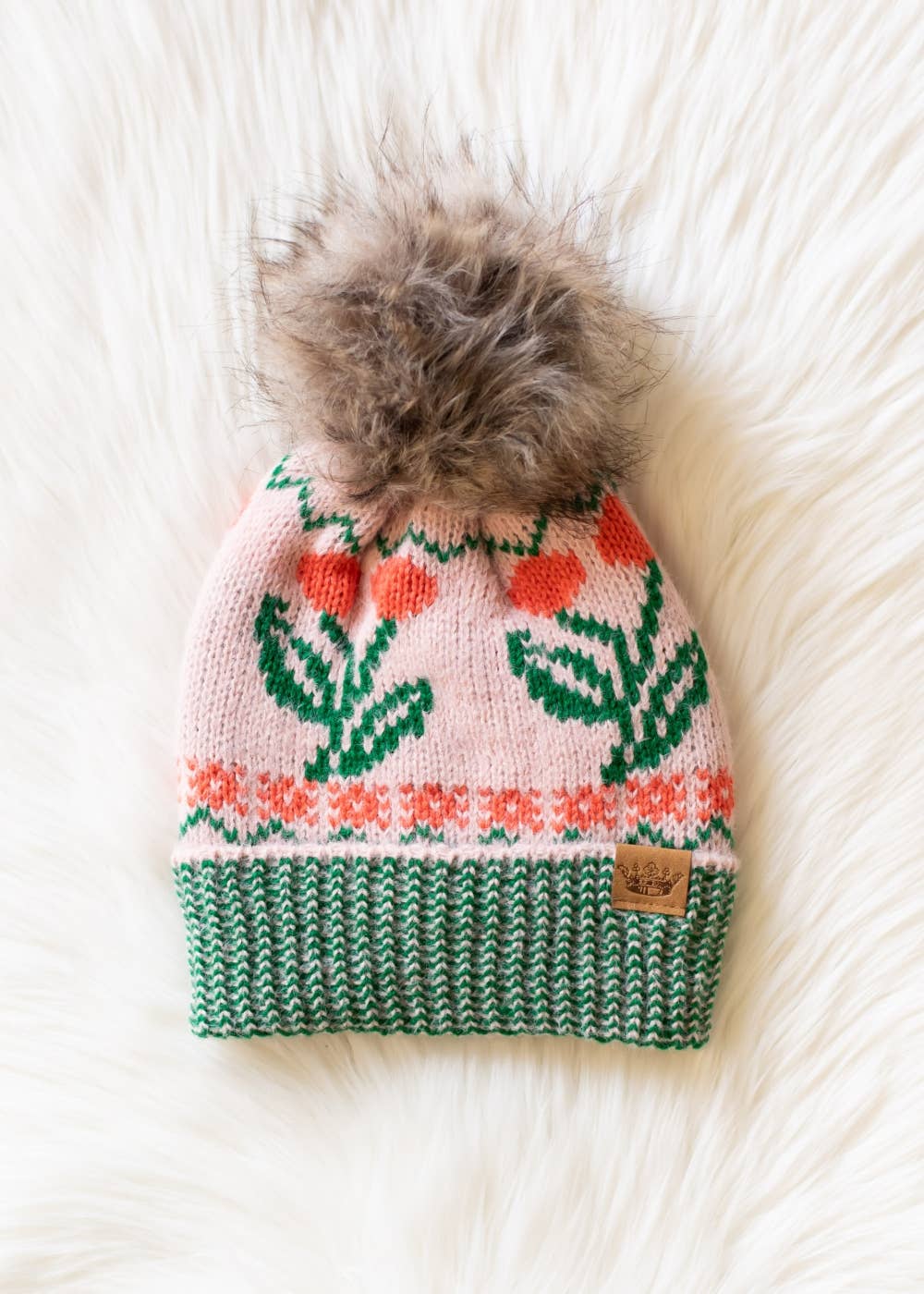 Lt. Pink Cherry Pattern Pom Hat