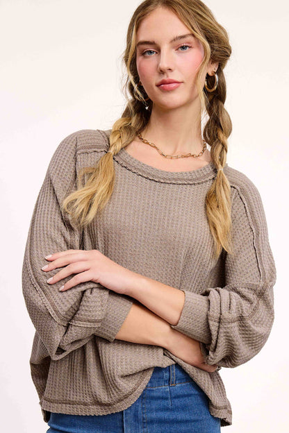 HAT7565-Brushed Waffle Fabric Loose Fit Long Sleeve Top