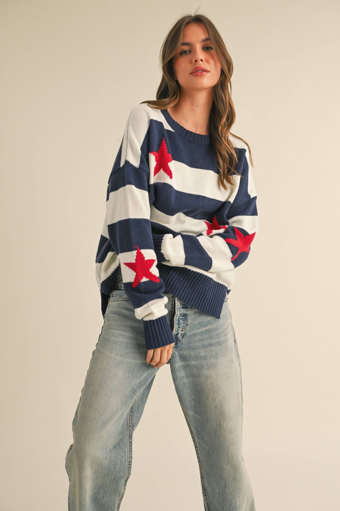 IT4047 STRIPED STARS SWEATER KNIT TOP