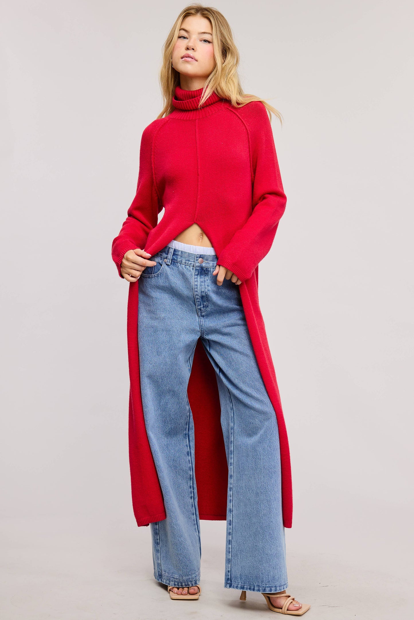 SEAM DETAIL TURTLENECK TUNIC SWEATER DRESS WITH SLIT