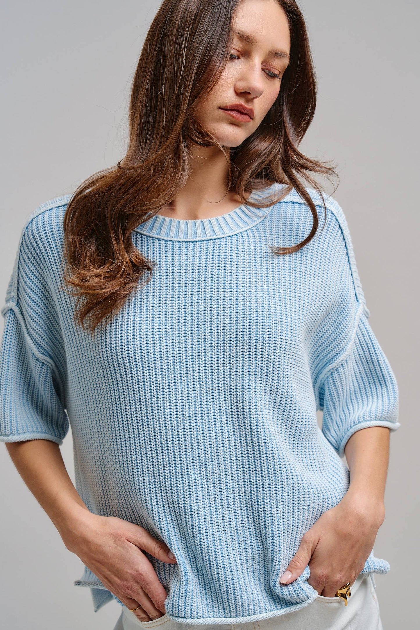 Mineral Wash Exposed Seam Short Sleeve Sweater