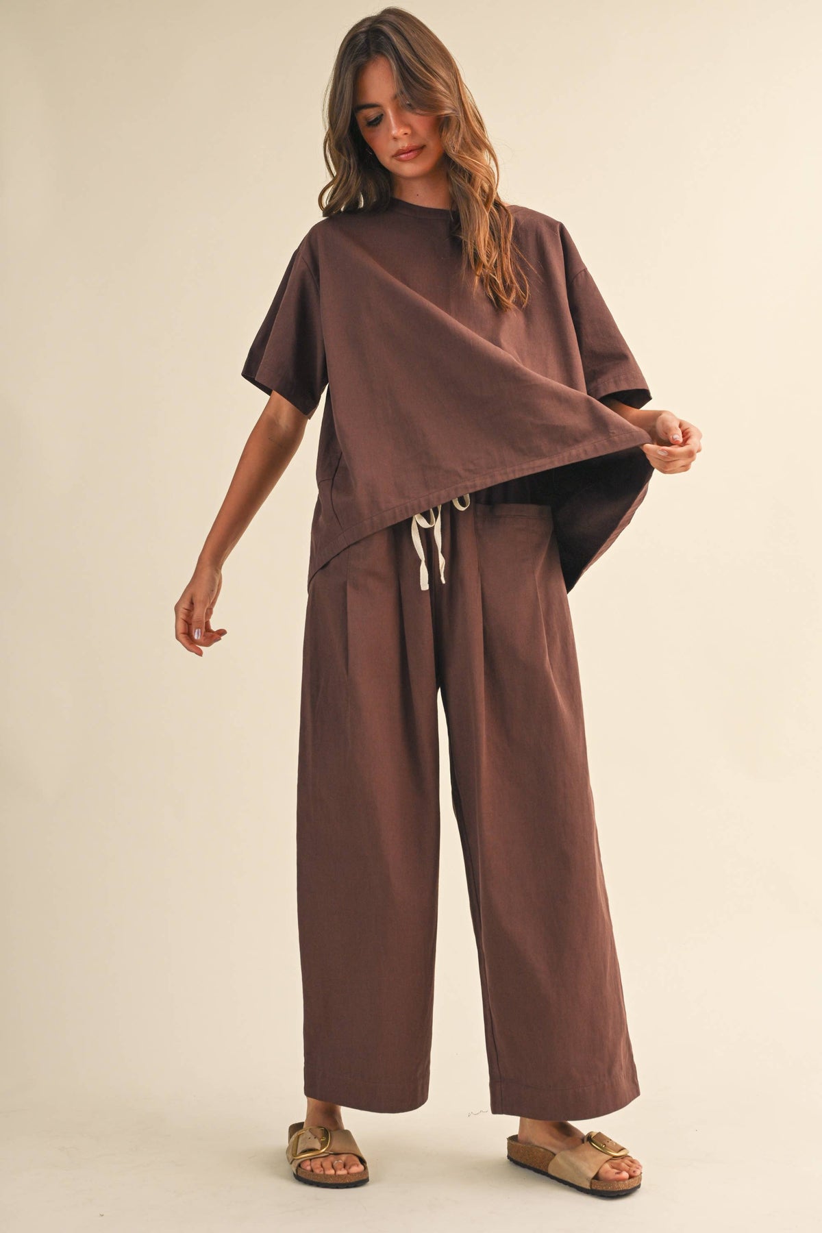 IST6073 RELAXED FIT TOP AND WIDE LEG CROPPED PANTS SET
