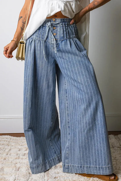 Stripe Button Pleated Drawstring Waist Casual Wide Leg Jeans