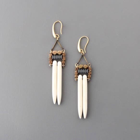 Geometric white spike and hematite earrings