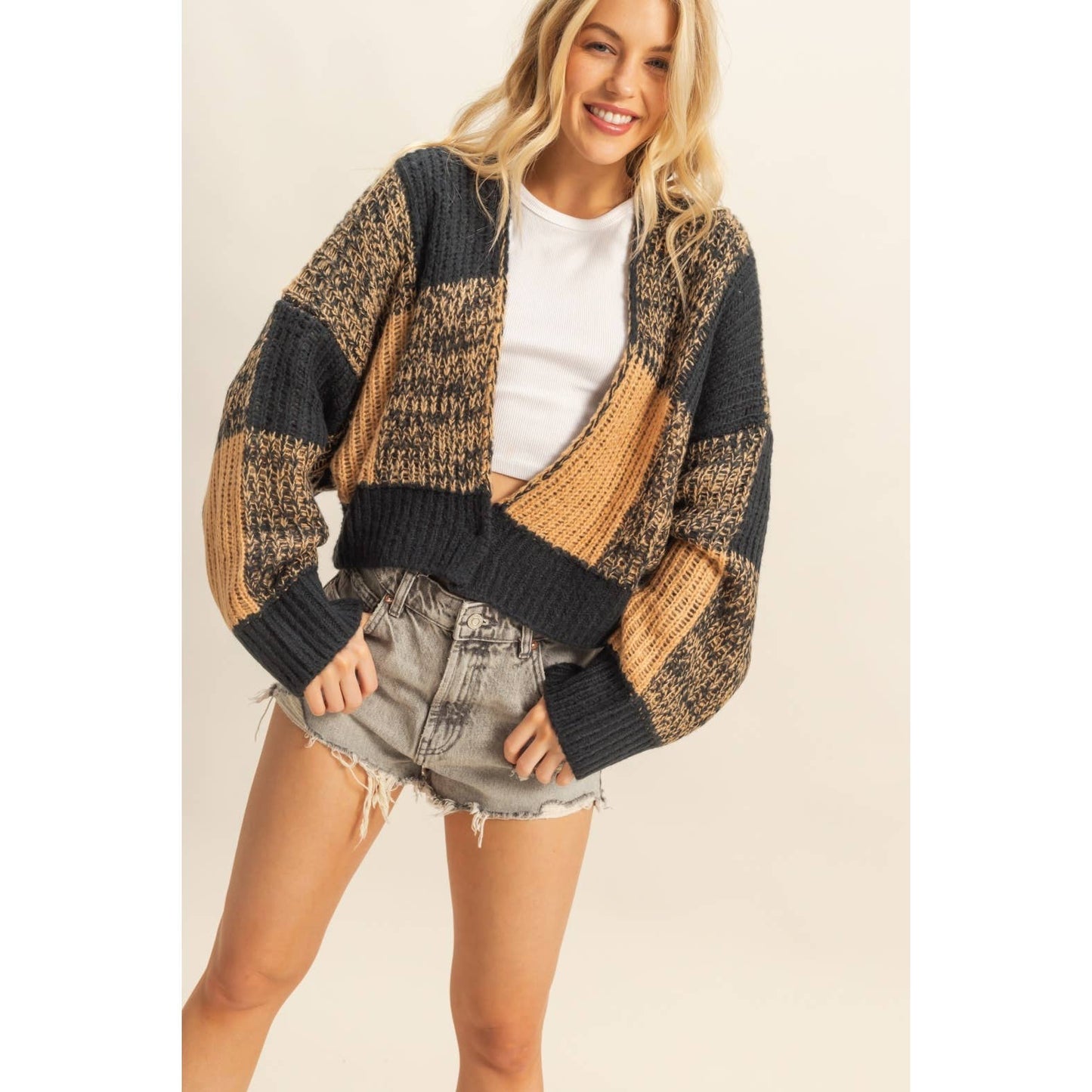 Two-Tone Checkered Sweater Cardigan