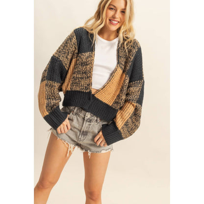 Two-Tone Checkered Sweater Cardigan