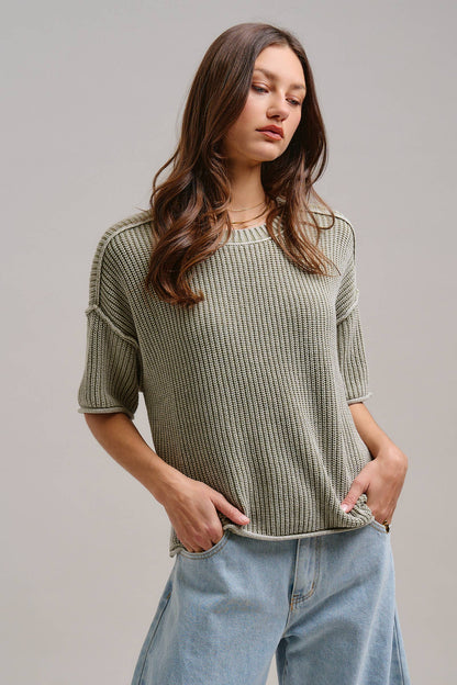 Mineral Wash Exposed Seam Short Sleeve Sweater