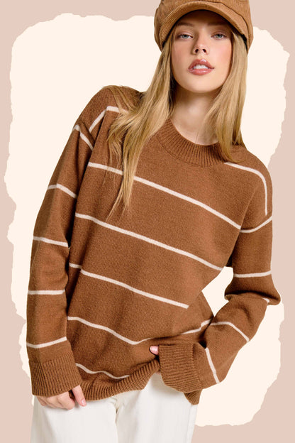 HCS3553-Loose Fit Stripe Long Sleeve Crewneck Sweater