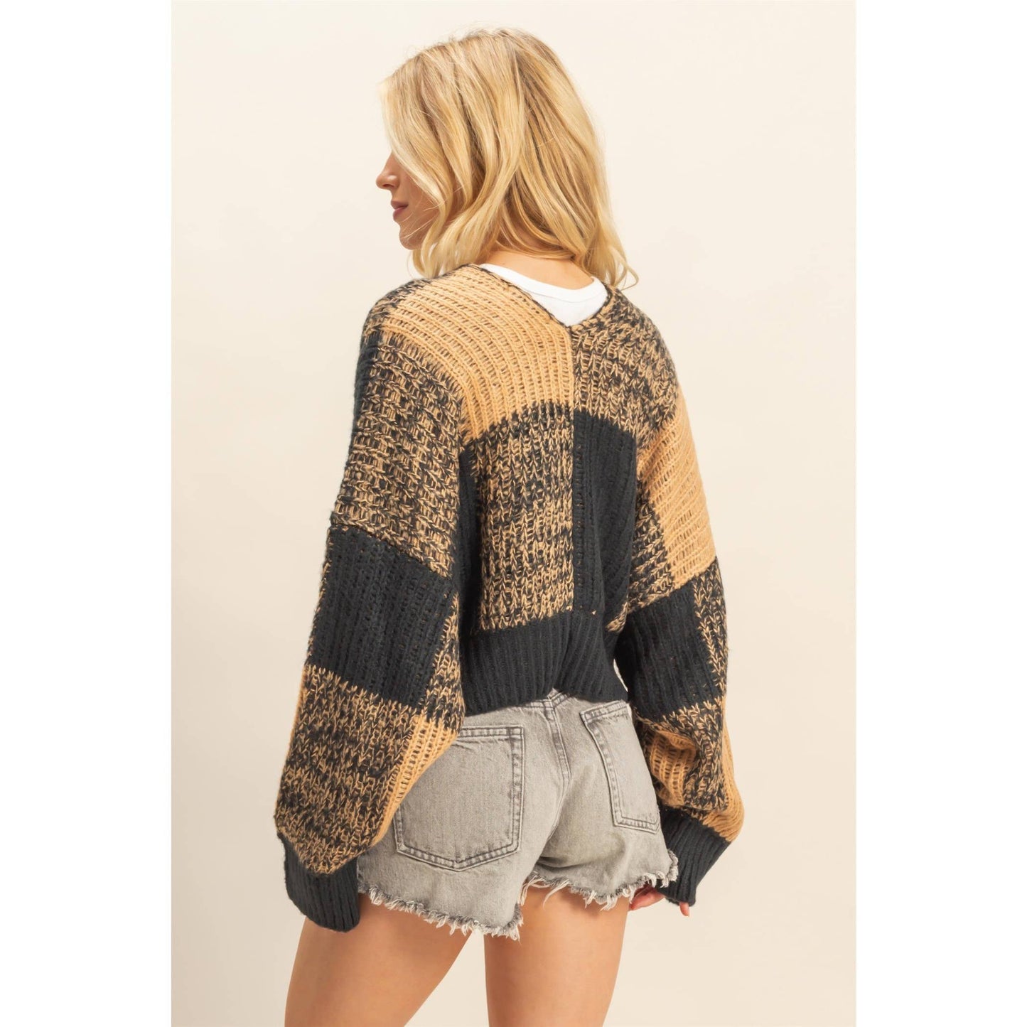 Two-Tone Checkered Sweater Cardigan