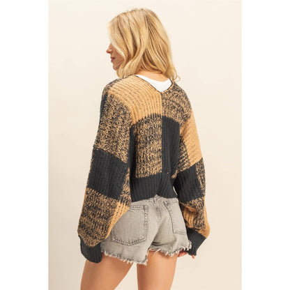 Two-Tone Checkered Sweater Cardigan