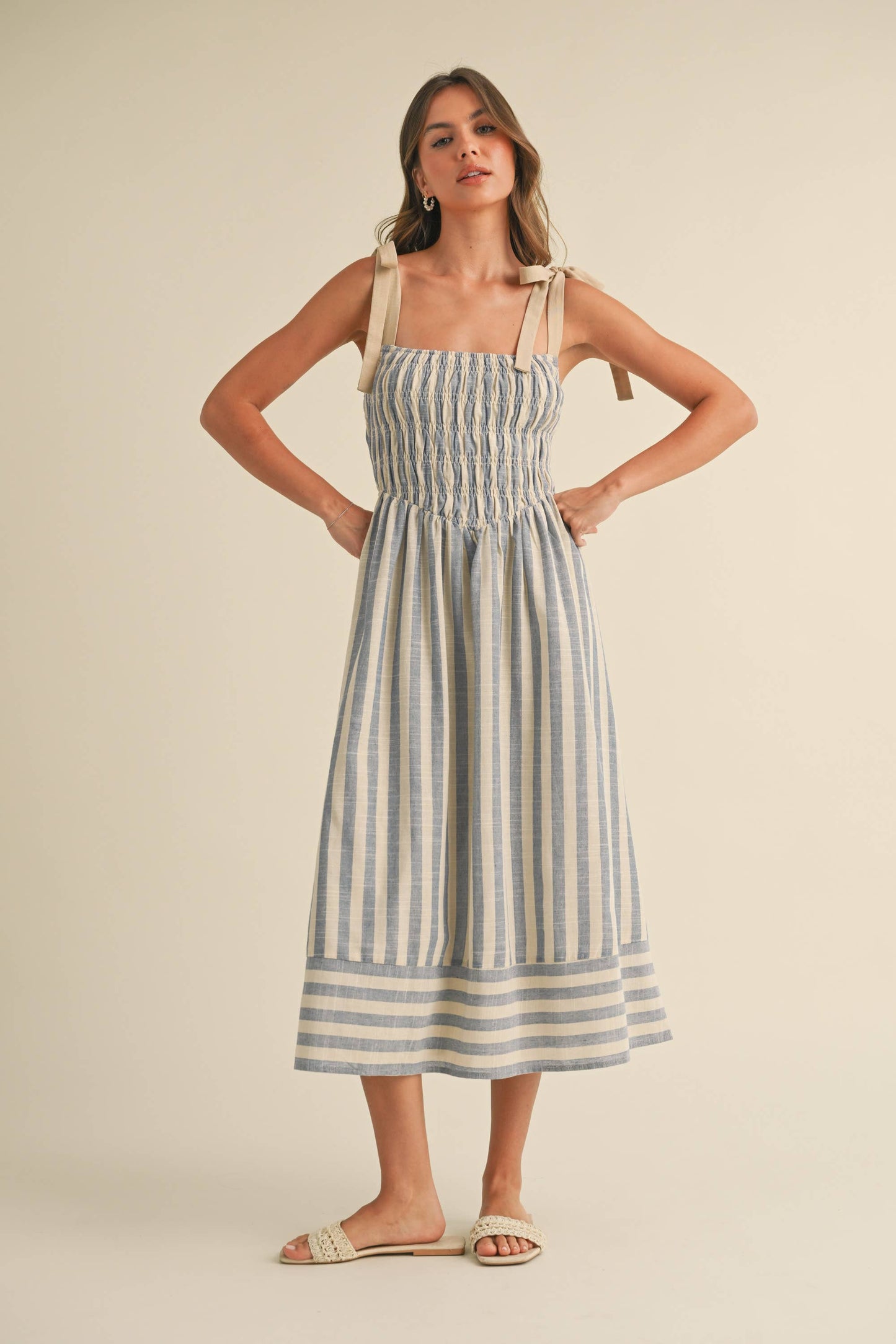 STRIPED CHEVRON WAIST SMOCKED TOP TIE STRAP MIDI