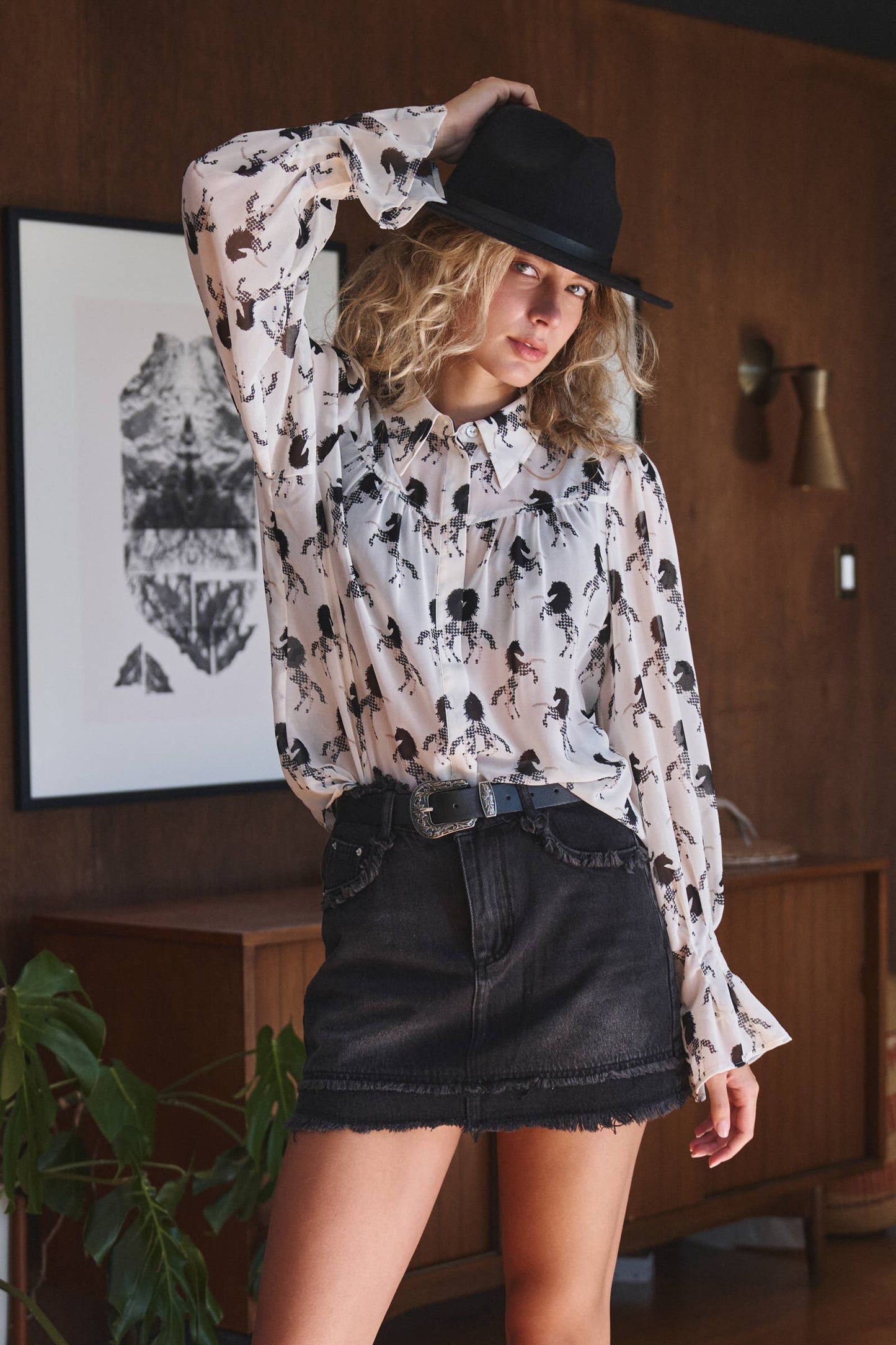 Western Horse Print Button Down Blouse Flared Cuff