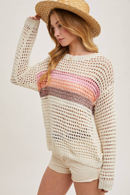 COLOR BLOCK OPEN KNIT SWEATER PULLOVER WITH NO LINIG