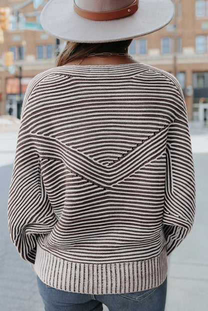 Dahlia Striped Print Ribbed Knit Boat Neck Baggy Sweater