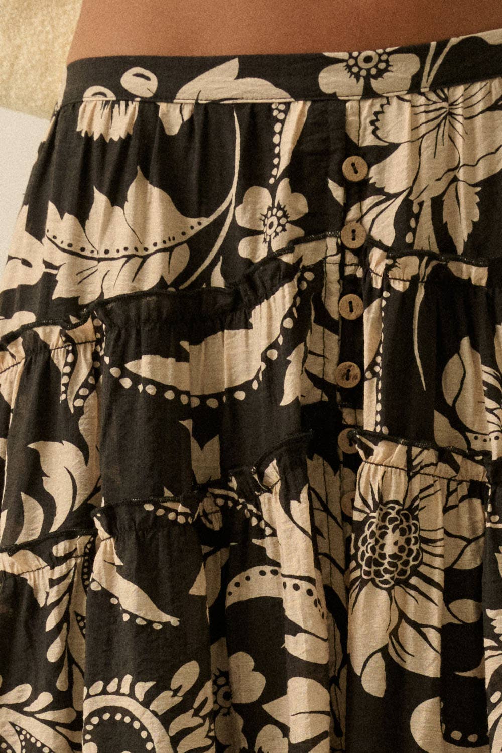 Floral-Print Buttoned Tiered Ruffle Maxi Skirt