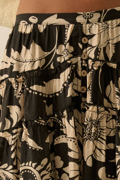 Floral-Print Buttoned Tiered Ruffle Maxi Skirt