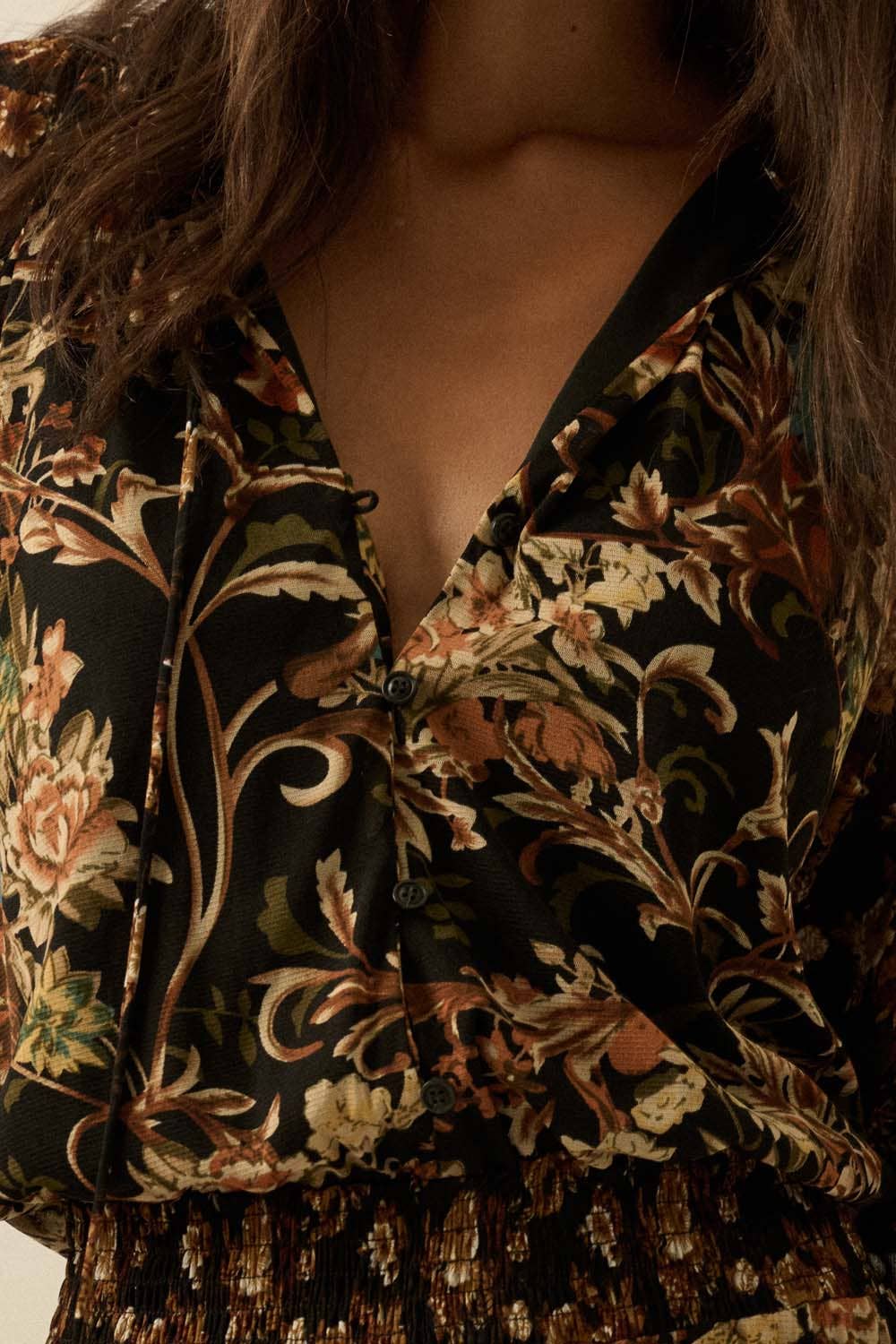 Floral-Print Mesh Button-Up Ruffle Maxi Dress