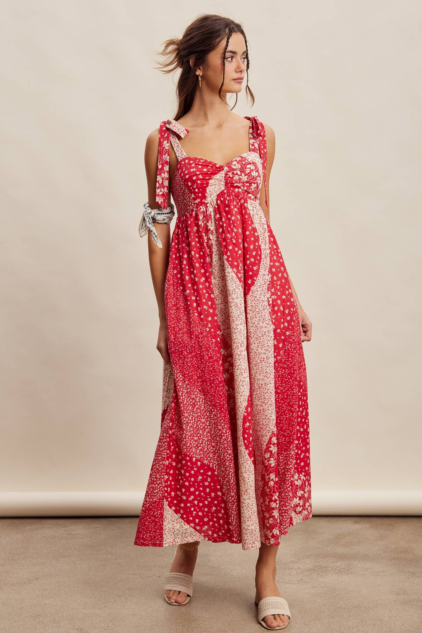 Patchwork Tie Strap Cotton Maxi Dress LD1625