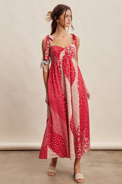 Patchwork Tie Strap Cotton Maxi Dress LD1625