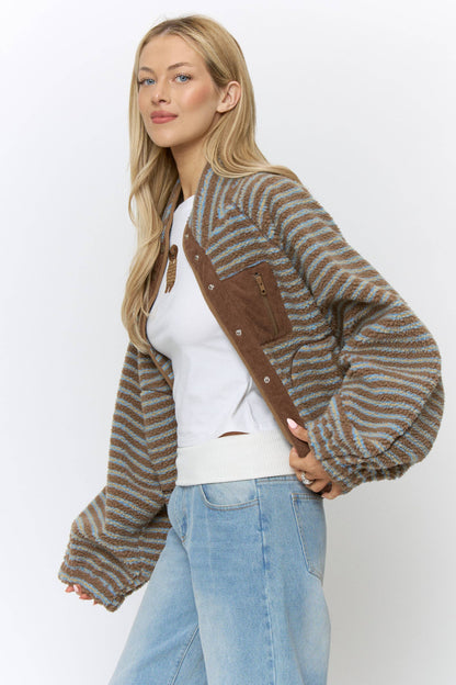 OVERSIZED PRINTED FLEECE JACKET - BJ1029C MOCHA