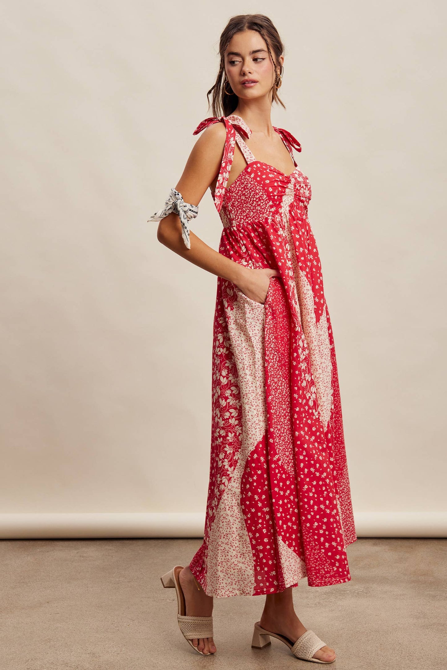 Patchwork Tie Strap Cotton Maxi Dress LD1625