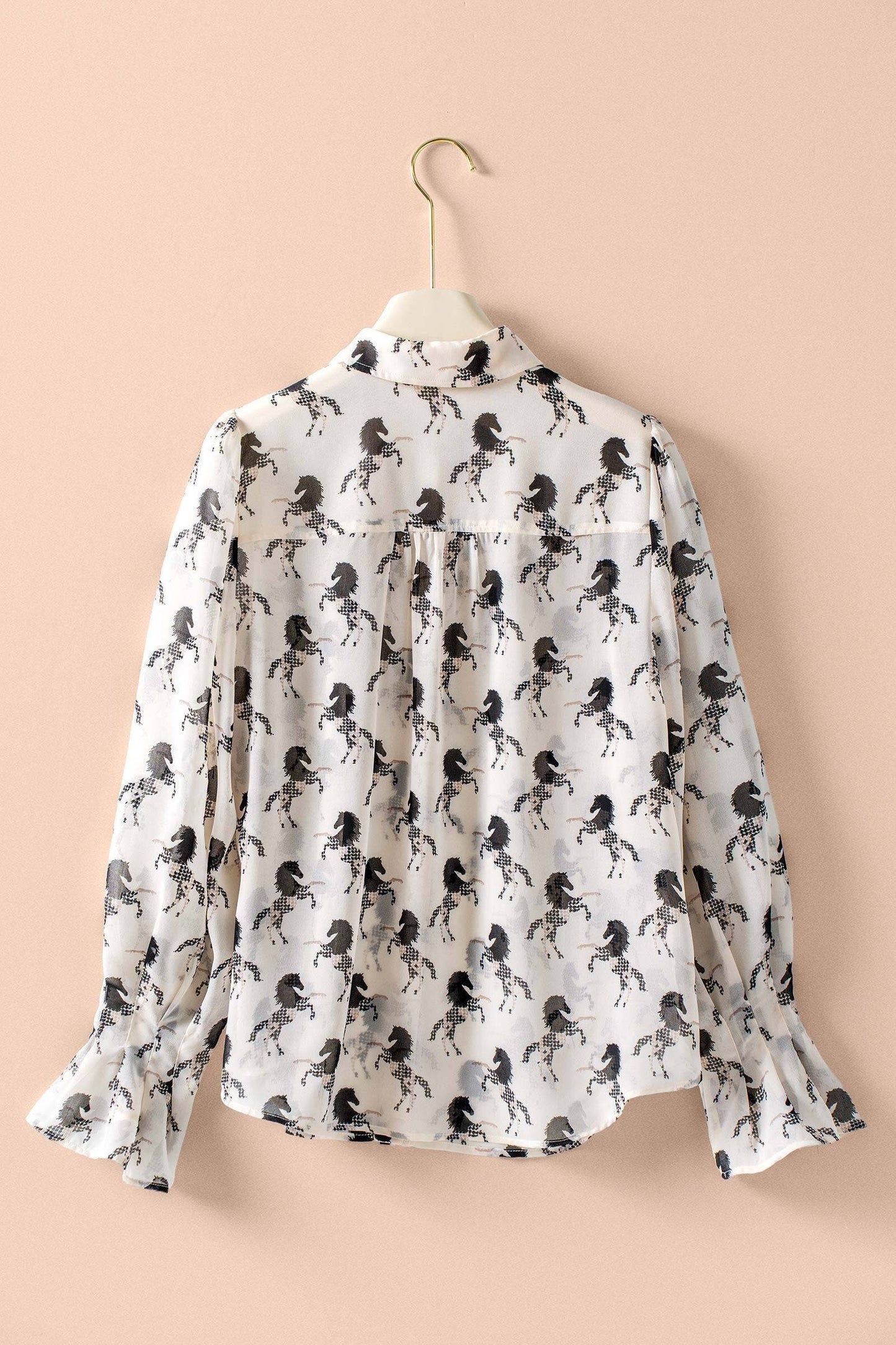 Western Horse Print Button Down Blouse Flared Cuff