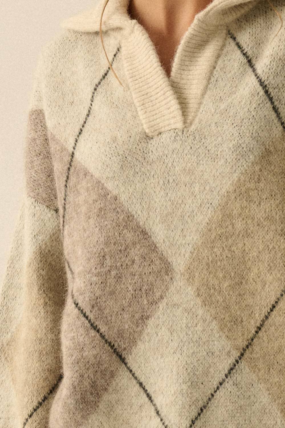 Argyle Plaid Knit Split-Neck Collared Sweater
