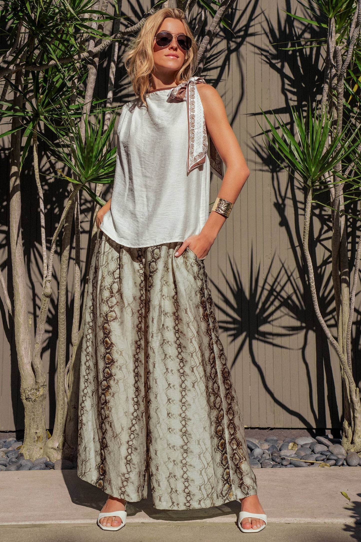 Paisley Scarf Tie Shoulder Linen Blend Top
