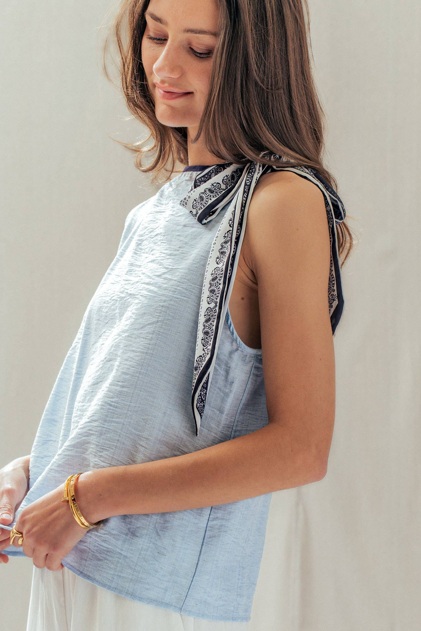 Paisley Scarf Tie Shoulder Linen Blend Top