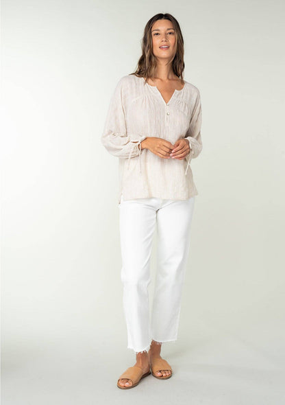 Striped 3/4 Sleeve Curved Yoke Split Neck Top