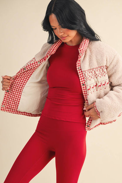 Cozy Sherpa Jacket with Gingham Lining and Holiday Trim