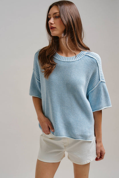 Mineral Wash Exposed Seam Short Sleeve Sweater