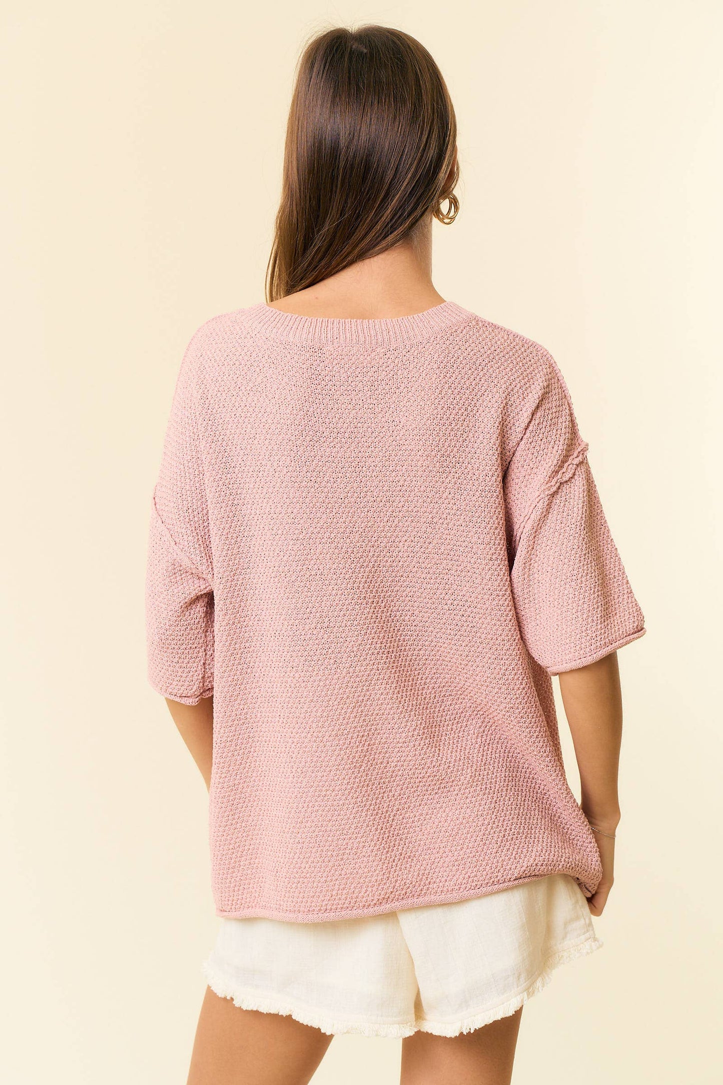 V-Neck Dropped Short Sleeve Exposed Seam Sweater - 44339T