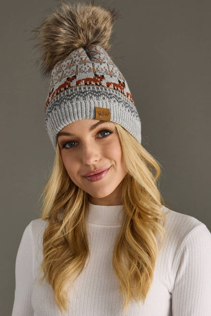 Gray Fox Pattern Pom Hat