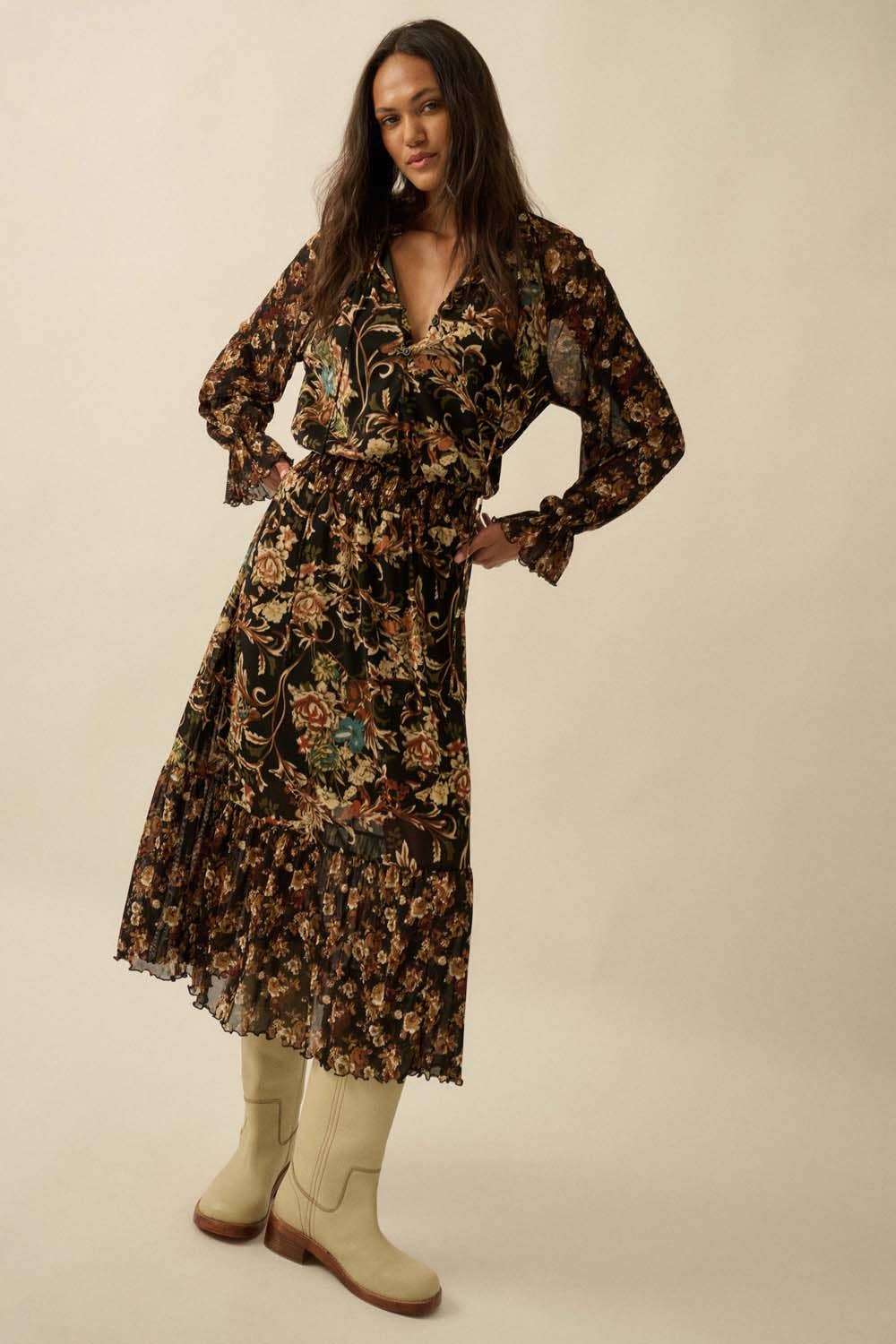 Floral-Print Mesh Button-Up Ruffle Maxi Dress