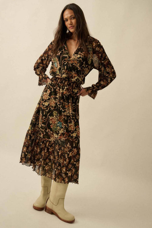 Floral-Print Mesh Button-Up Ruffle Maxi Dress