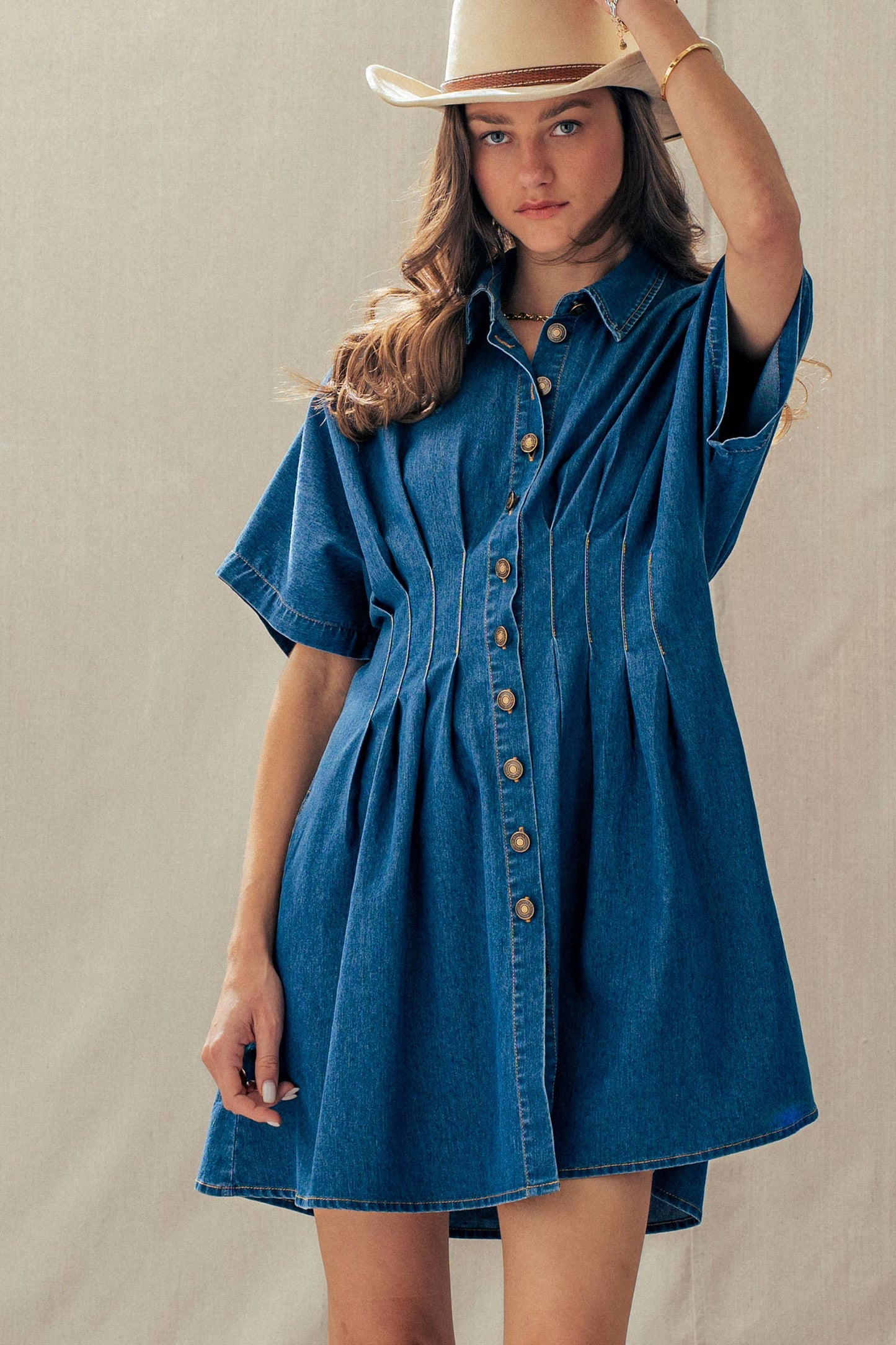 Tailored Waist Short Sleeve Denim Shirtdress