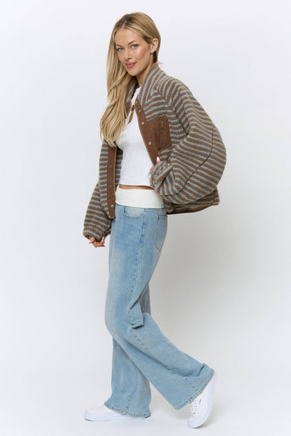 OVERSIZED PRINTED FLEECE JACKET - BJ1029C MOCHA