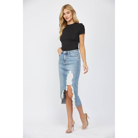 HIGH WAISTED MIDI SKIRT WITH DISTRESSED