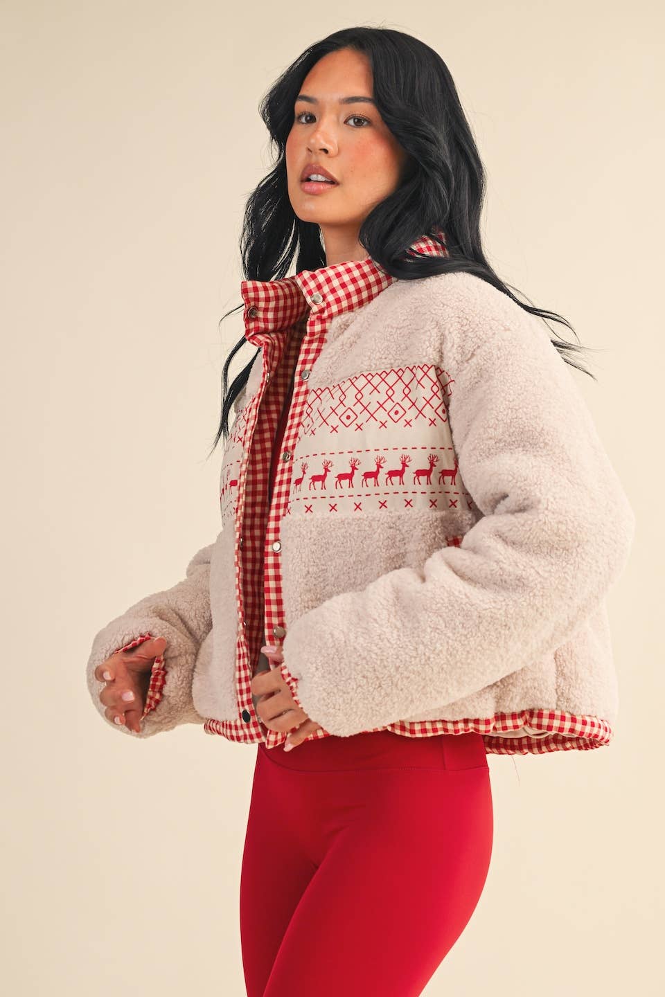 Cozy Sherpa Jacket with Gingham Lining and Holiday Trim