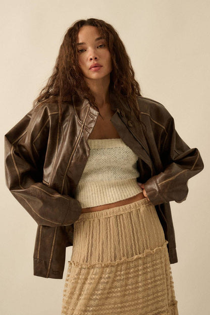 Faux Leather Piping-Trimmed Zip-Up Jacket