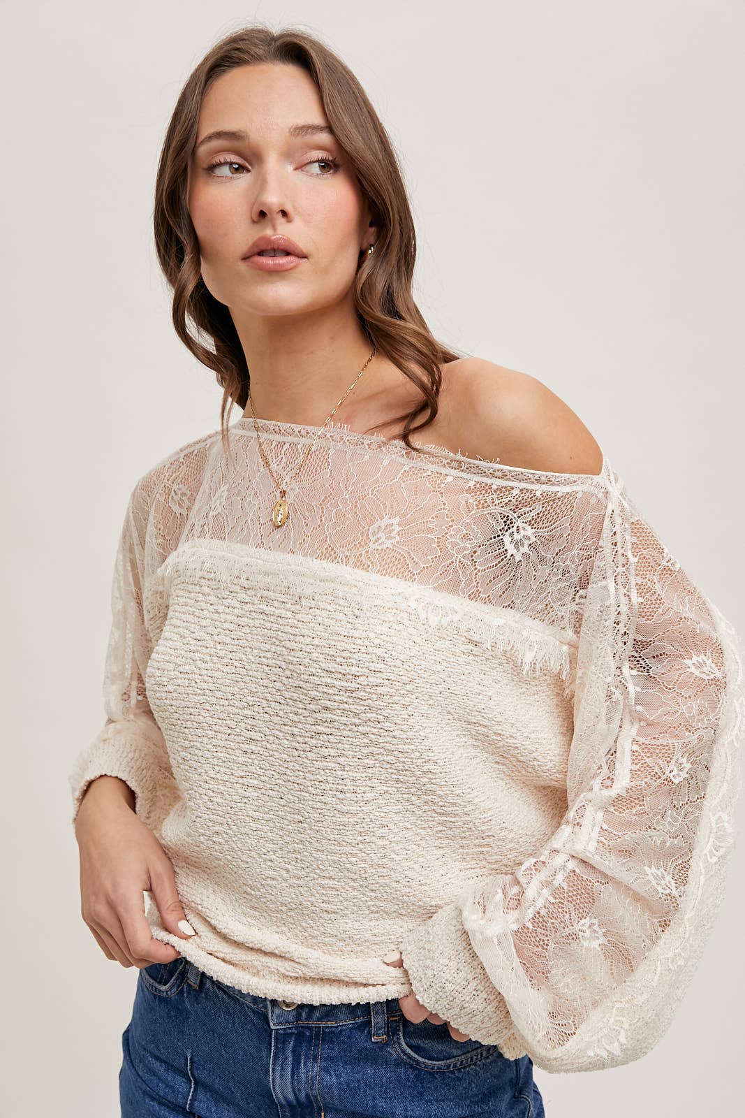 BOAT NECK LACE TRIMMED KNIT SWEATER PULLOVER